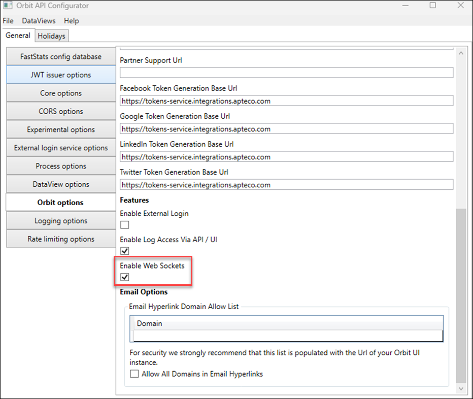 Enable web sockets Enable Web Sockets checkbox in Orbit API Configurator