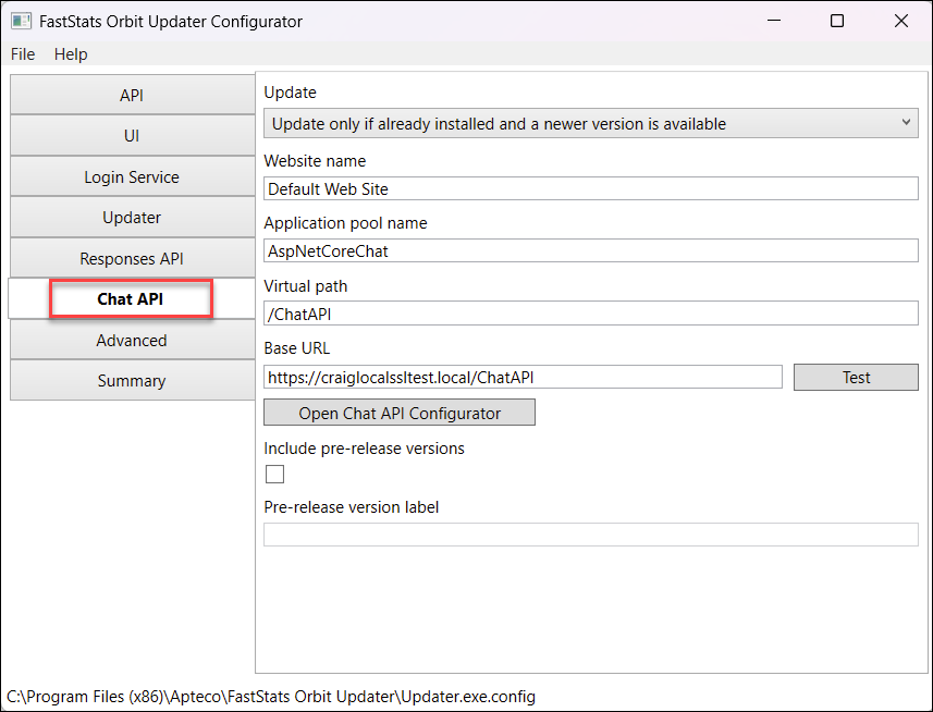 Enabling Orin Chat API tab in Orbit Updater Configurator