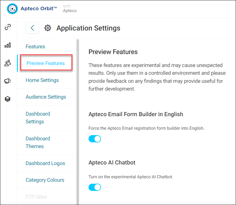 Preview features Preview Features tab in Orbit admin settings