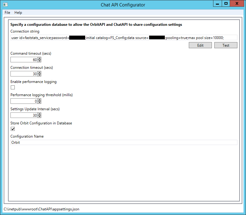 Chat API Configurator Chat API Configurator window