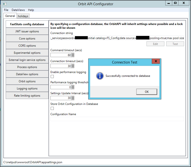 Test connection Test connection button in FastStats config database tab