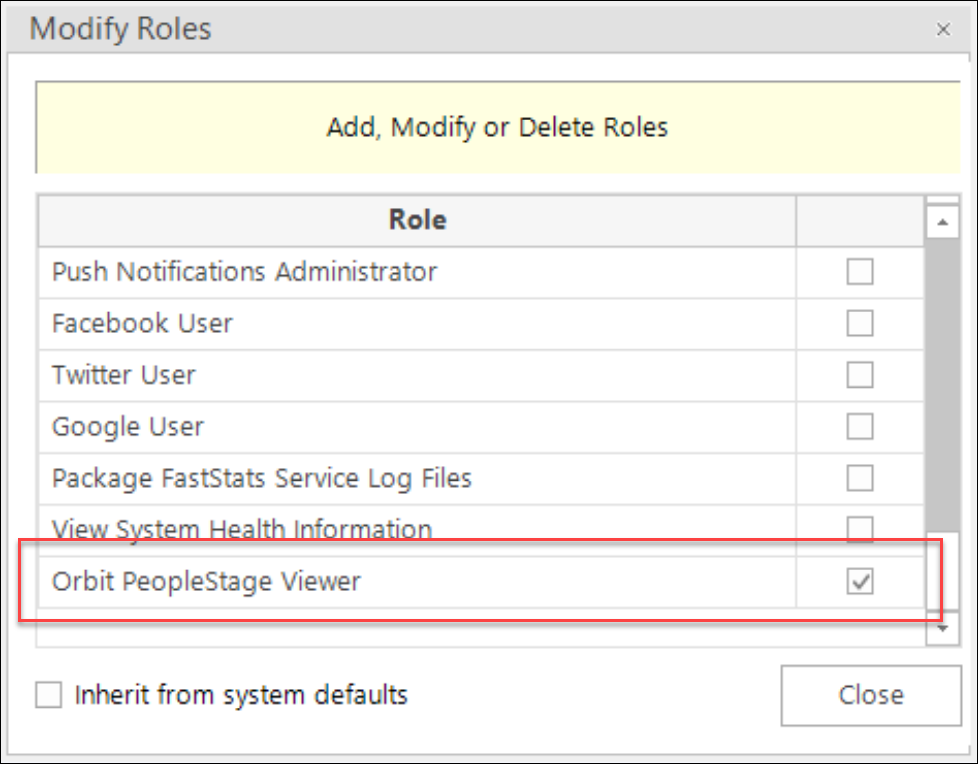 Orbit PeopleStage Viewer role enabled