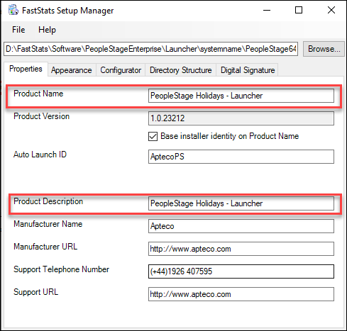Product name and description fields in Setup Manager Properties tab