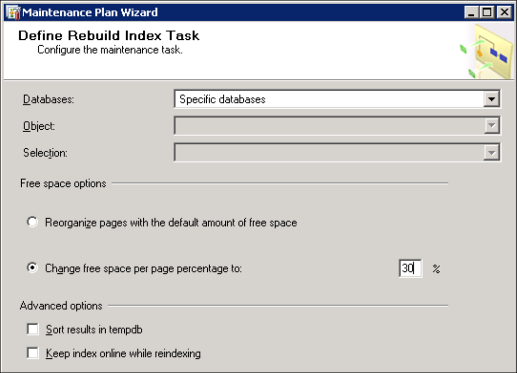 Define Rebuild Index Task Define Rebuild Index Task configuration page