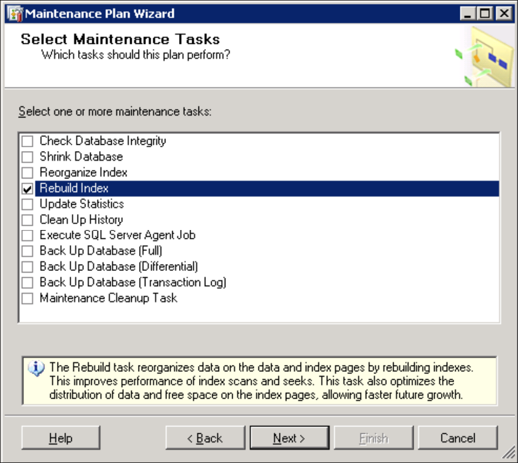 Rebuild Index Rebuild Index task selected in Maintenance Plan Wizard