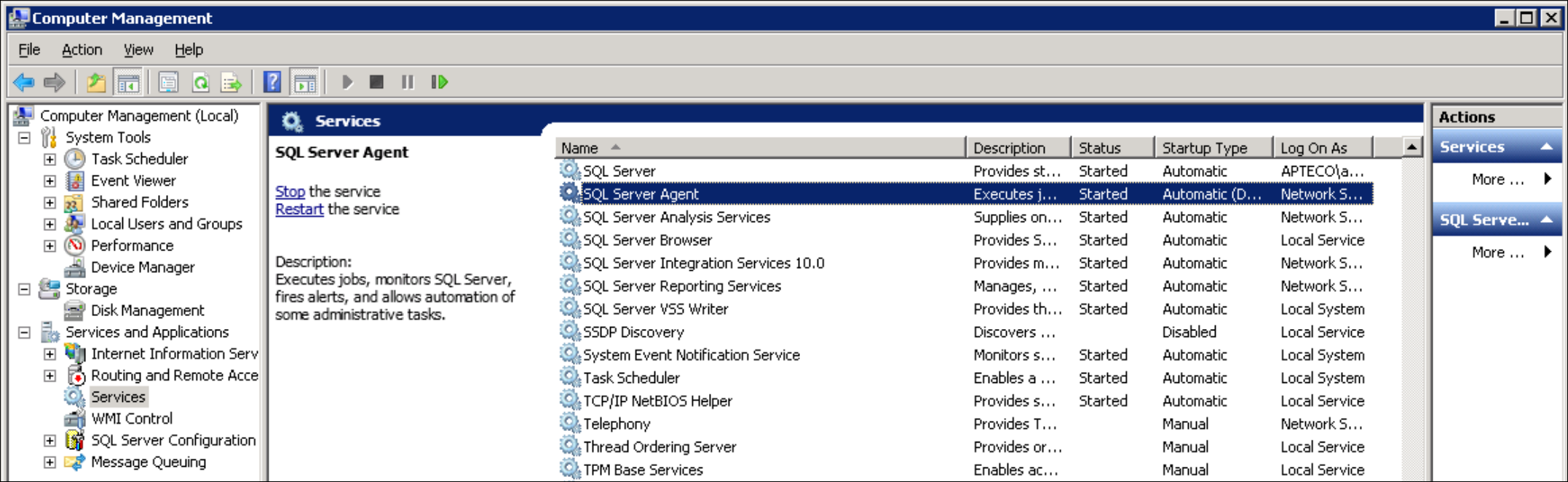 SQL Server Agent SQL Server Agent service status in Computer Management