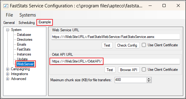 Web server panel Web Server panel with Orbit API URL field