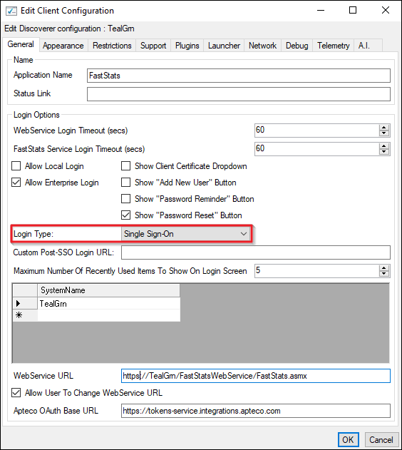 Login type Login Type set to Single Sign-On in FastStats client configuration