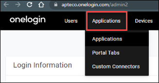 Applications Applications menu in OneLogin