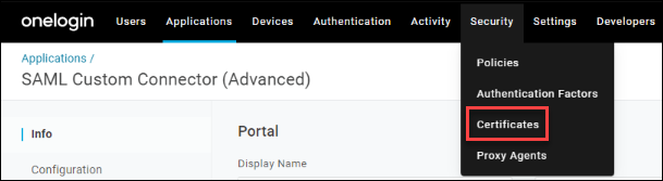 Certificates Security > Certificates in OneLogin