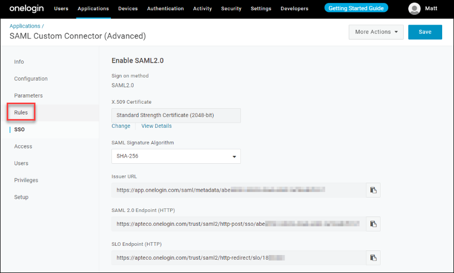Rules Rules settings for SAML signature