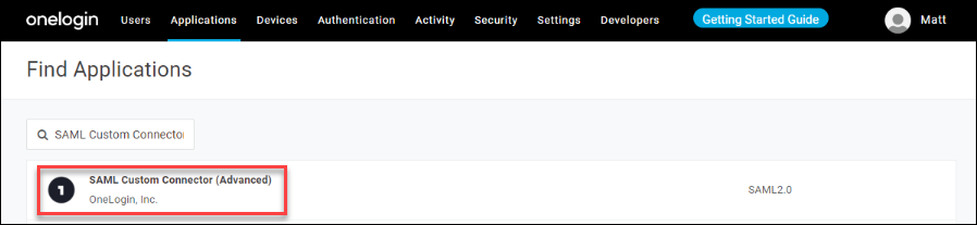 SAML Custom Connector SAML Custom Connector (Advanced) in search results