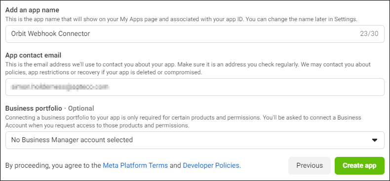 App Details App details form with Orbit Webhook Connector name