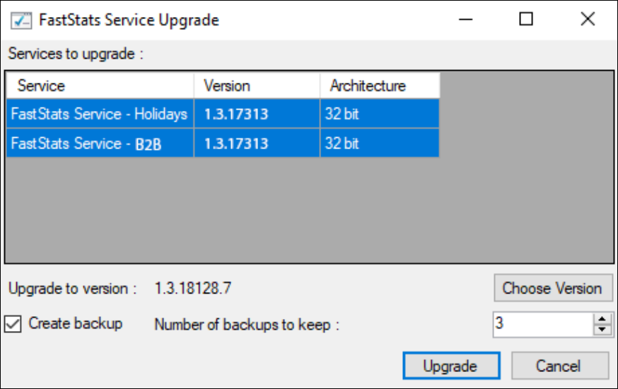 FastStats Service Upgrade FastStats Service Upgrade dialog showing current and target versions