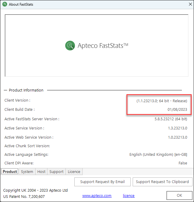 Apteco FastStats Release FastStats About dialog showing Client Build Date