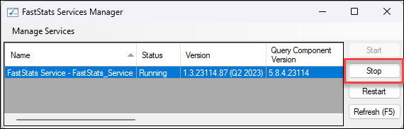 Stop FastStats Services Stop FastStats Services button in the FastStats Configurator