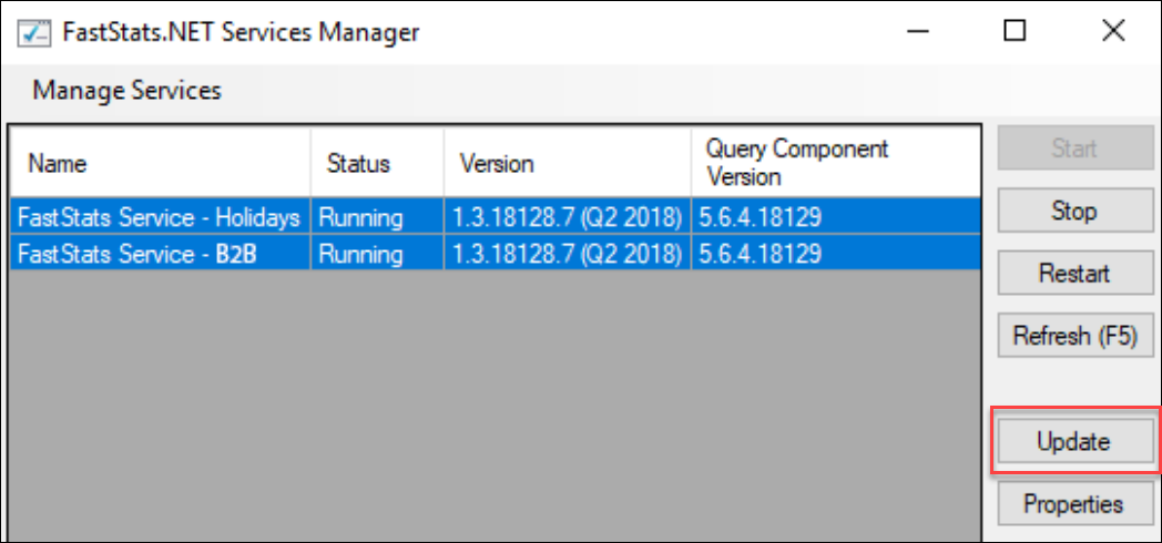 Update FastStats Services FastStats Services panel with Update button highlighted