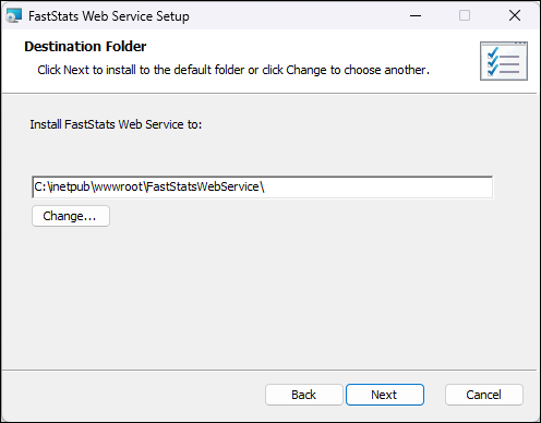 Web Service Destination Folder Web Service Destination Folder selection dialog