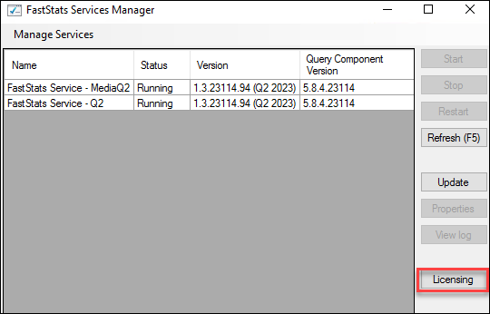 FastStats Service Manager Licensing FastStats Service Manager Licensing panel