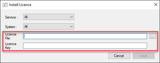 Licence key or file Licence key and file input fields