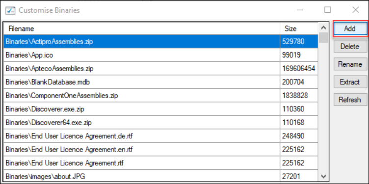 Add Customise Binaries window showing Add button