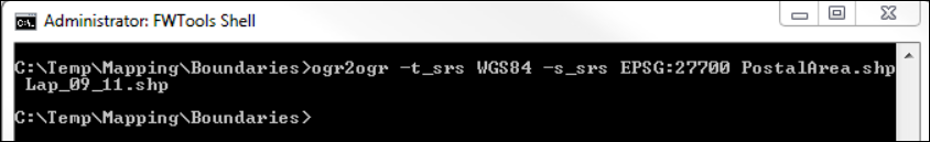 FWTools Shell FWTools Shell window showing ogr2ogr conversion command