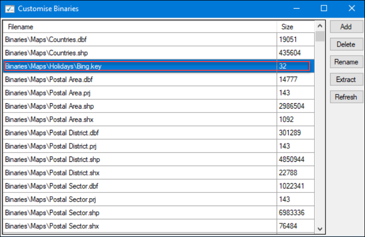 Bing key in Customise Binaries Customise Binaries window showing Bing key entry