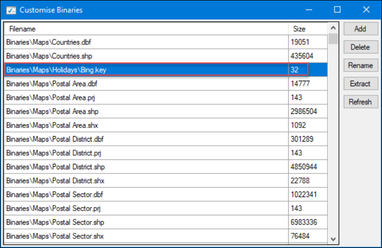 Customise Binaries with boundary files Customise Binaries window showing boundary files