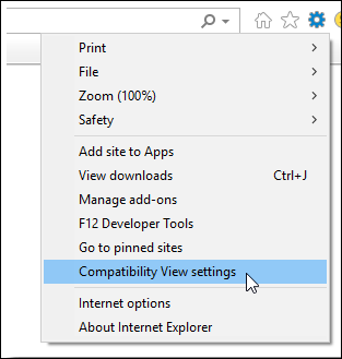 Compatibility View Settings Internet Explorer Tools menu showing Compatibility View Settings option