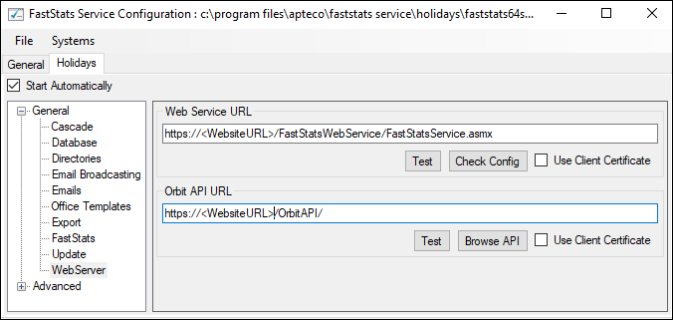FastStats System Orbit Settings FastStats System Orbit settings panel