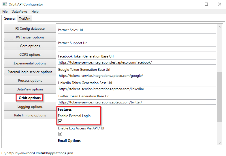 Orbit options Orbit Options with Enable External Login checked