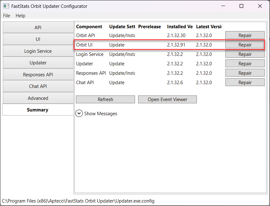 Repair Summary tab showing Repair button for Orbit UI