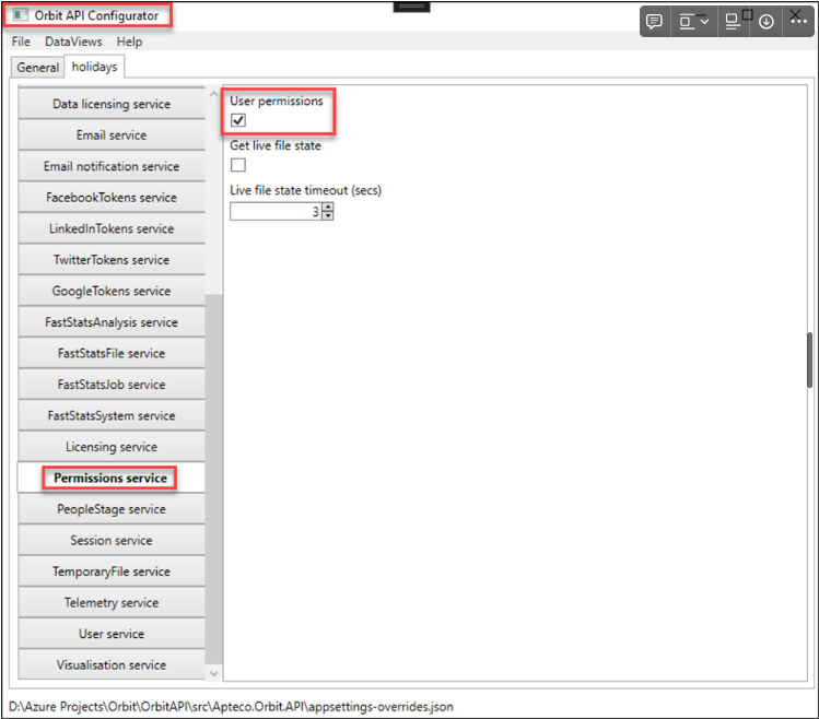 API config User permissions checkbox in Orbit API Configurator