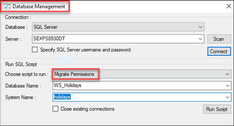 Migrate permissions Migrate permissions option in Database Management menu