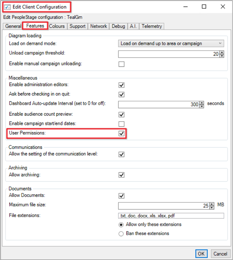 Edit client configuration User Permissions checkbox in PeopleStage client configuration