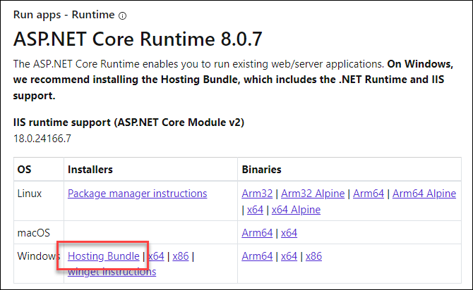 Runtime ASP.NET Core Hosting Bundle download page