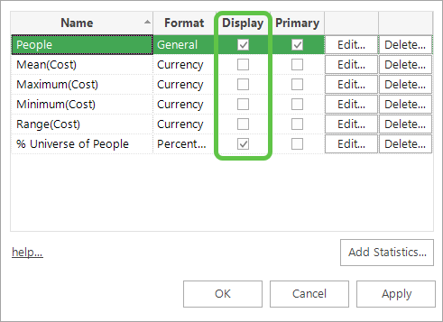 Statistics list showing Display tickboxes for showing or hiding items