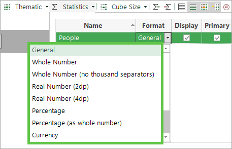 Statistics list with Format drop-down highlighted