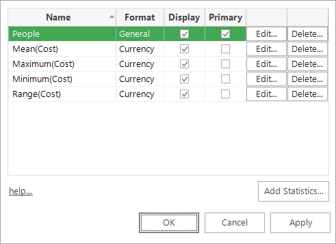 Add Statistics dialogue showing options for multiple statistics