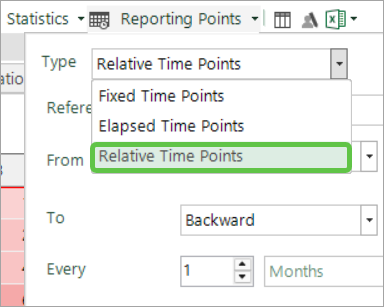 Reporting Points dialogue with Relative Time Points selected