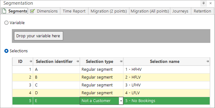 Segments tab with segment selections configured