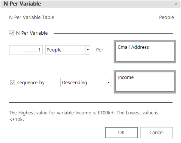 N Per Variable dialogue with sequence by settings applied