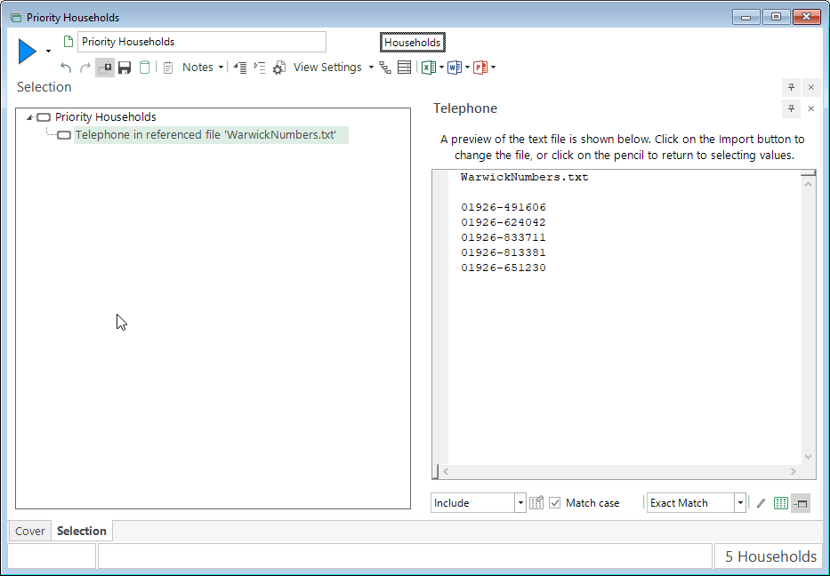 Selection built with imported text values
