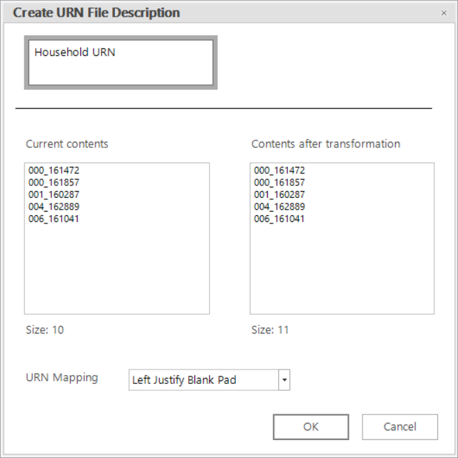 Import URN dialog with Households URN variable selected