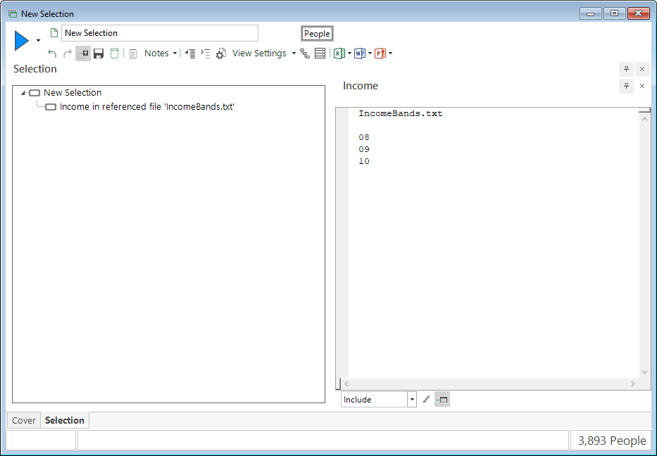 Selection built using imported-by-reference selector codes