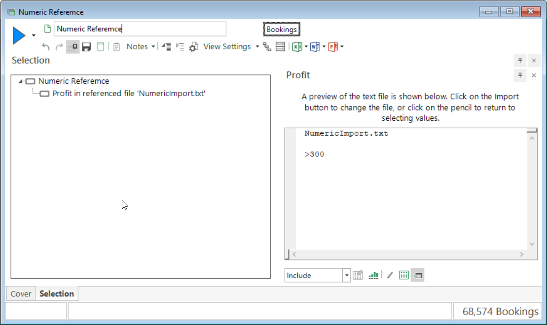 Selection built with imported numeric ranges
