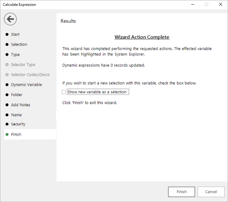 The Finish step of the Calculate Expression wizard