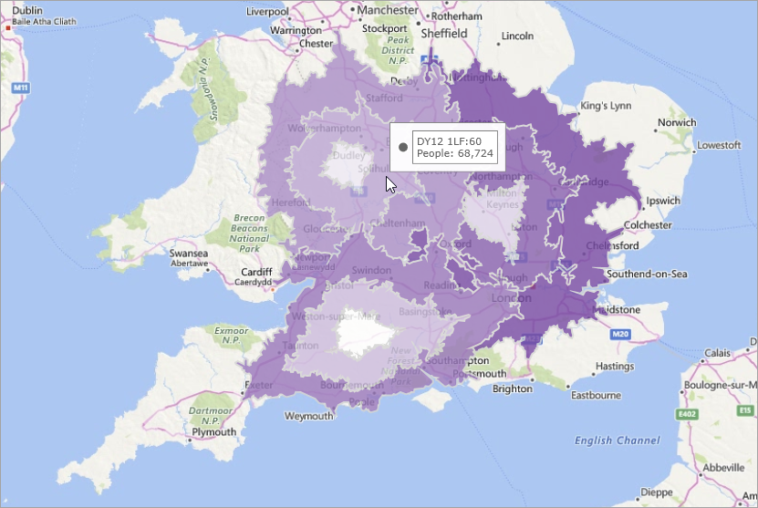Example showing drive zones of 90 minutes around three UK safari parks