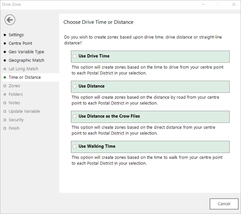 Choose Drive Time or Distance