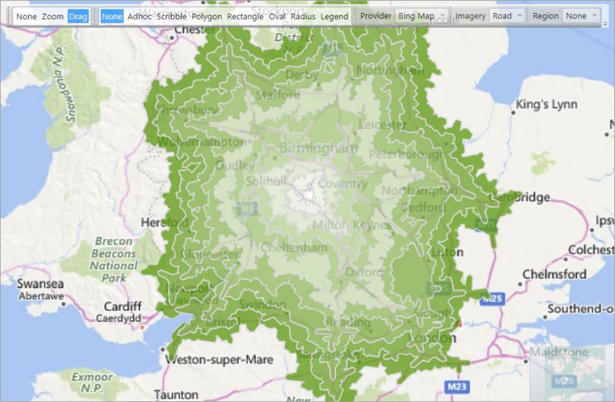 Map showing ten drive zones around the Apteco offices in Warwick